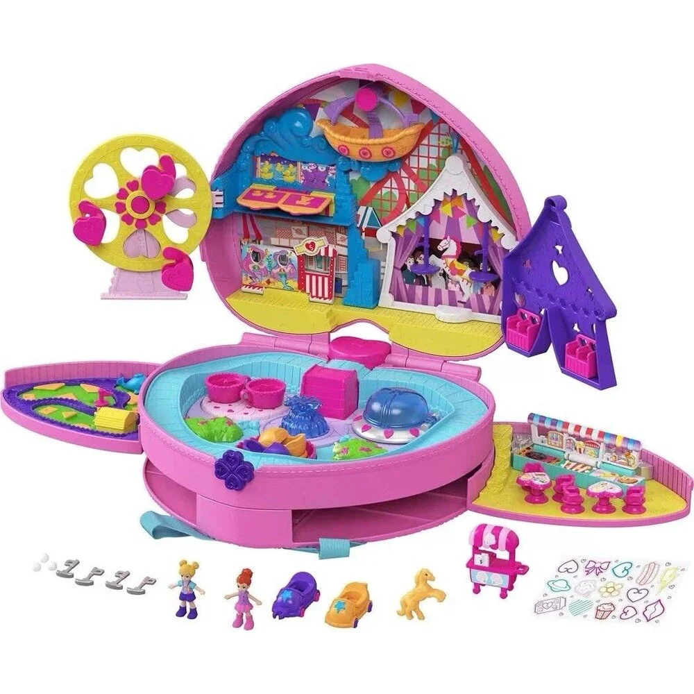 Polly Pocket 2-in-1 Theme Park Backpack Compact 2 Dolls Ice Cream Cart Toy New